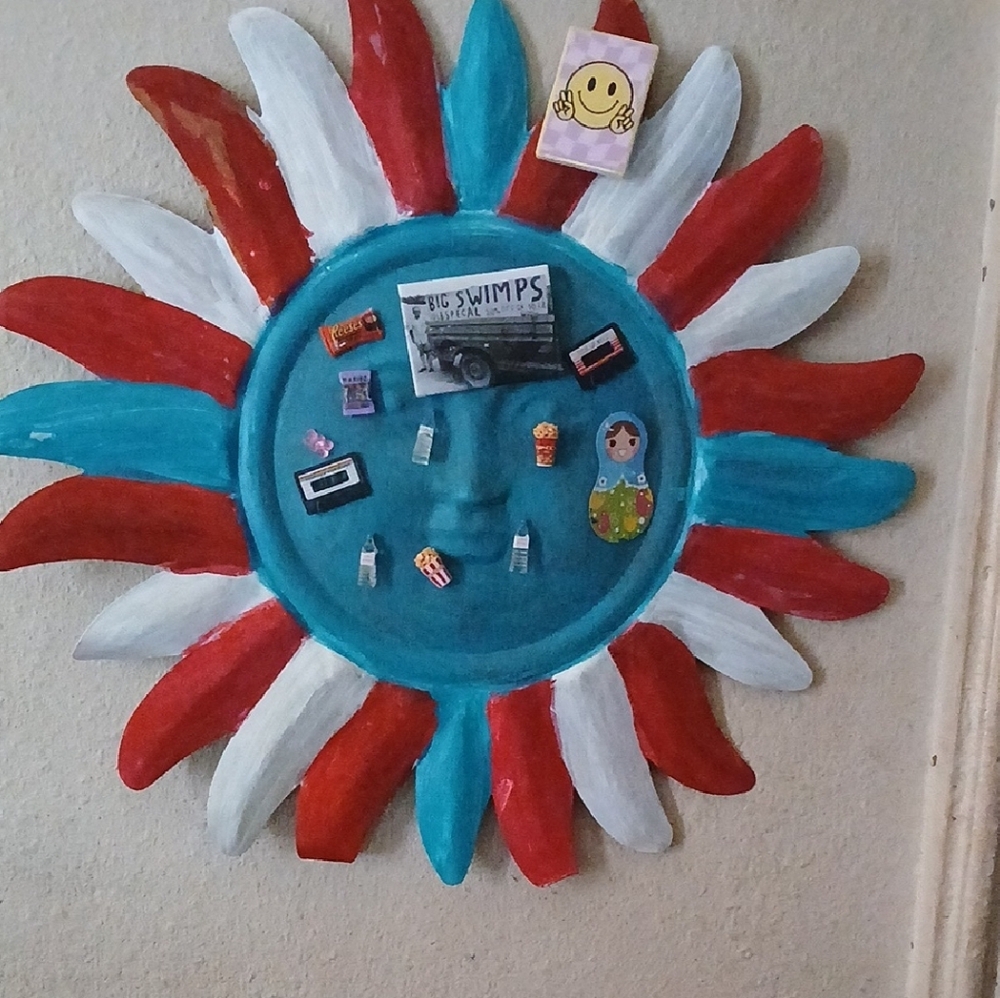 Sunburst Wall Mirror with Red, White & Teal Rays